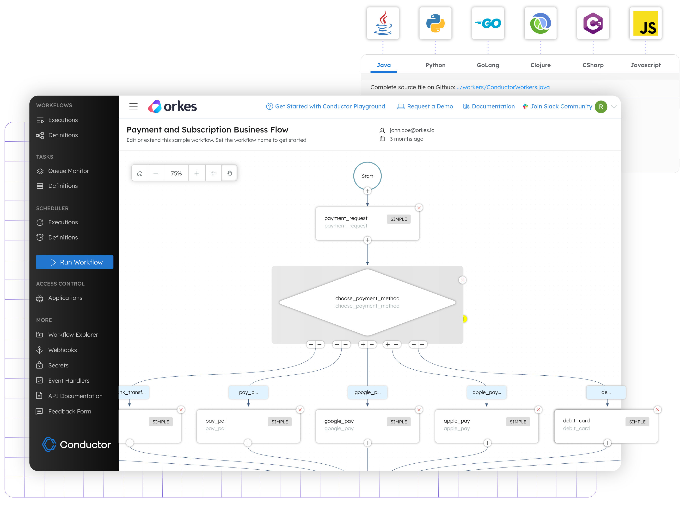 Artwork showing the Conductor UI for a Payments and Subscriptions workflow with various logos for Java, Phython, Go, Clojure and C Sharp that are the supported languages.