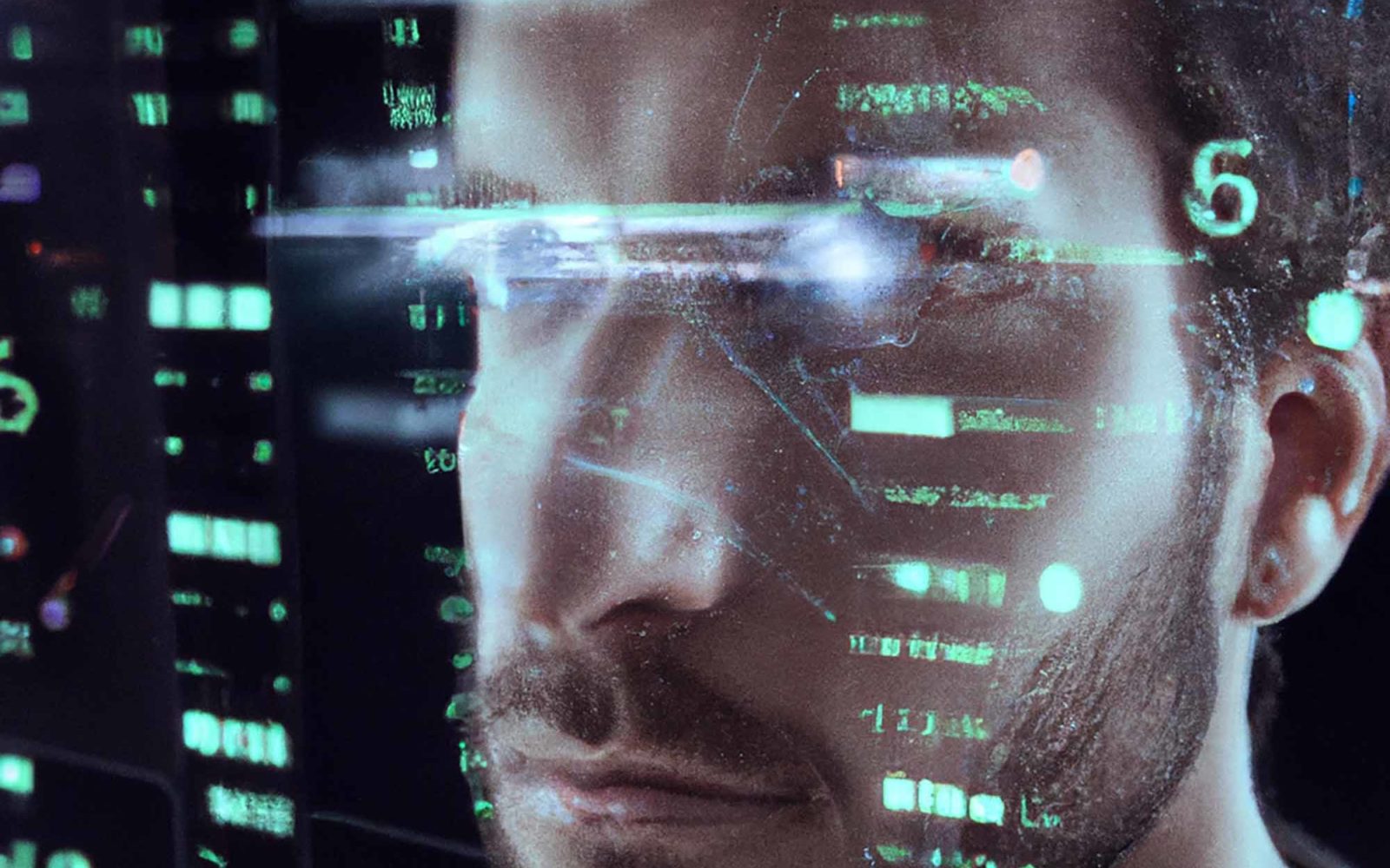 A man with data being processed around him through an AI