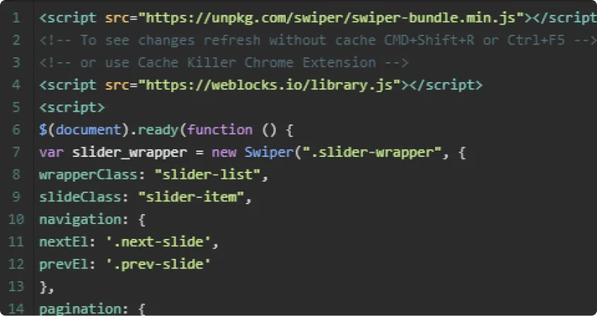 Screenshot of a piece of code snippet in the Webflow's custom code section