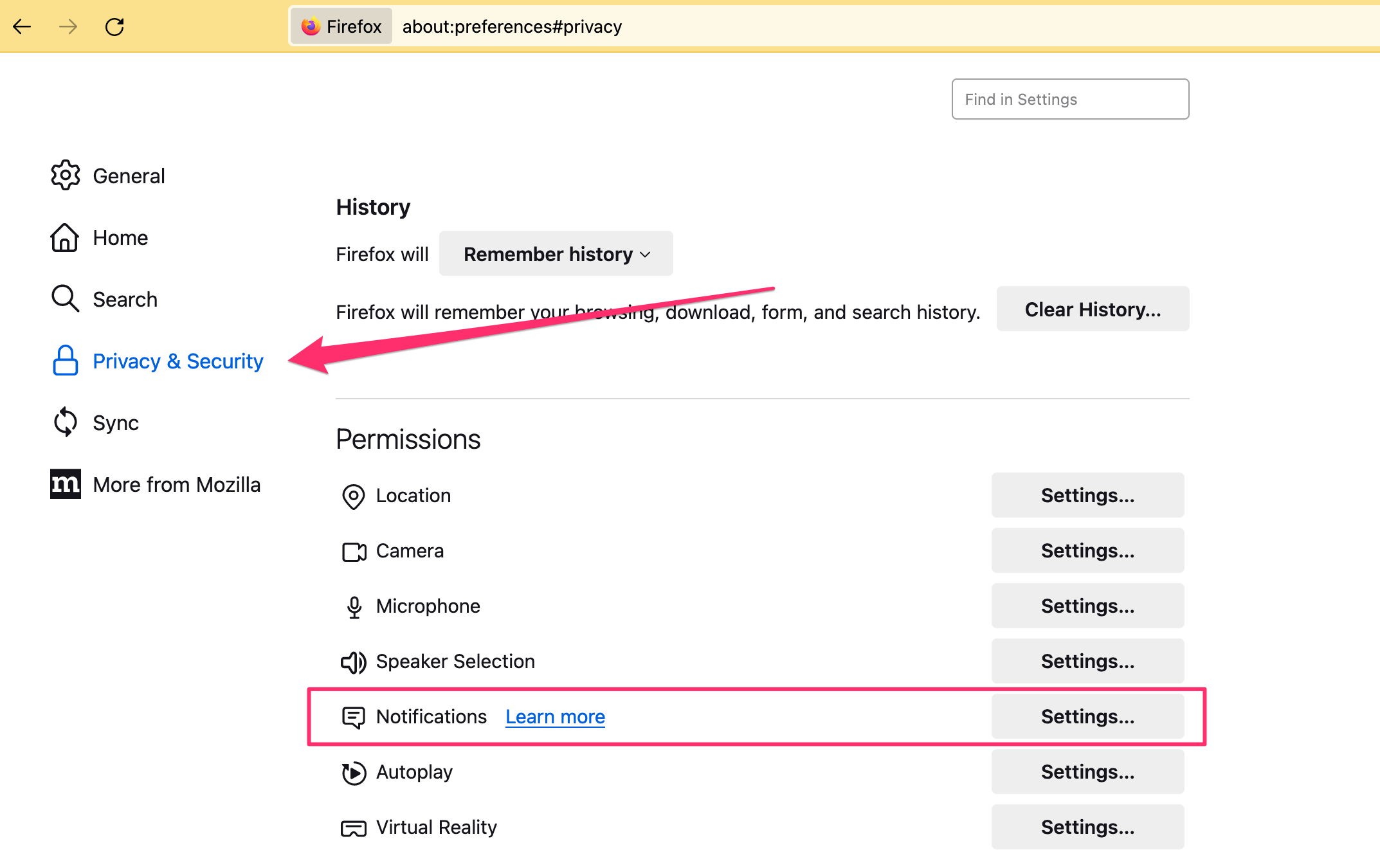 screenshot of firefox privacy & security settings with "notifications" highlighted