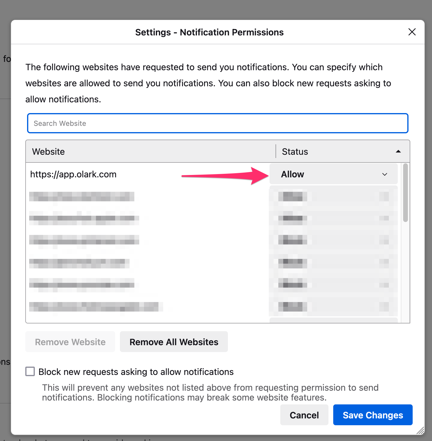 screenshot of Firefox settings - notification permissions modal with "allow" highlighted next to app.olark.com