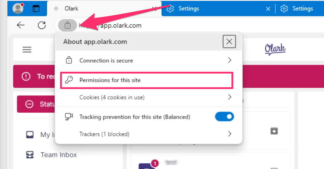 screenshot of app.olark.com open in Edge. The address bar lock icon menu is toggled open and "Permissions for this site" menu item is highlightede