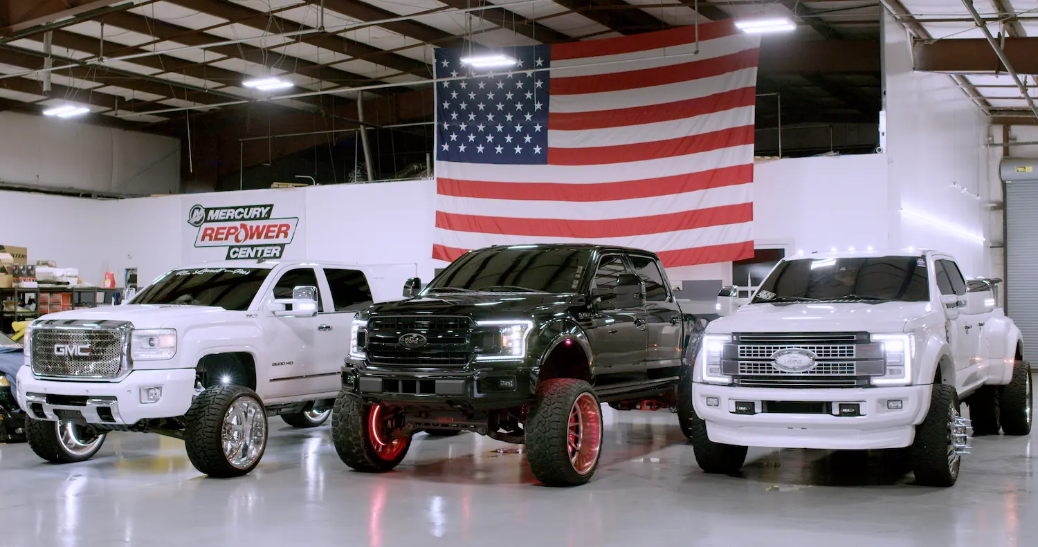 pickup trucks displayed at the bigg boy auto and marine shop