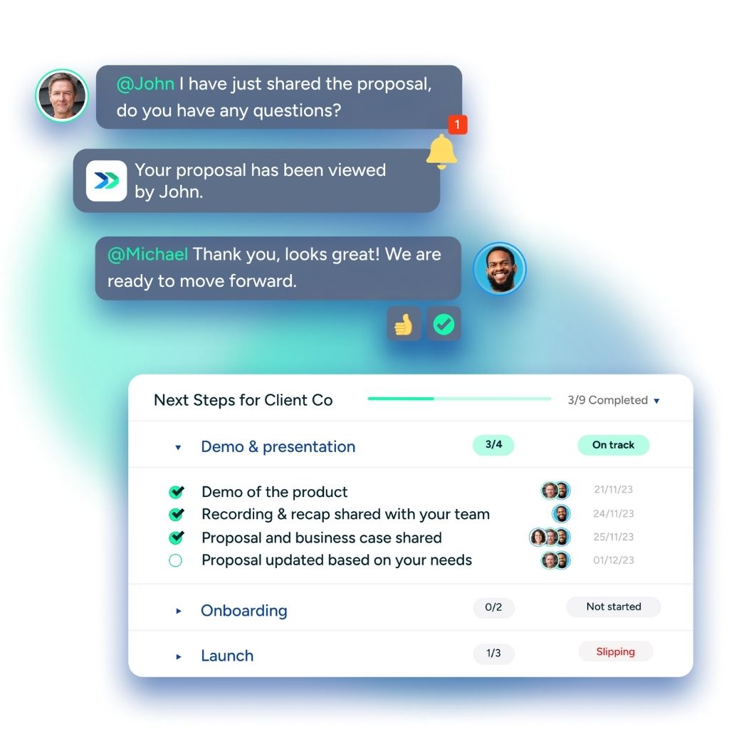 An image of a Forward digital sales room and sales enablement software showing a mutual action plan and live chat feature