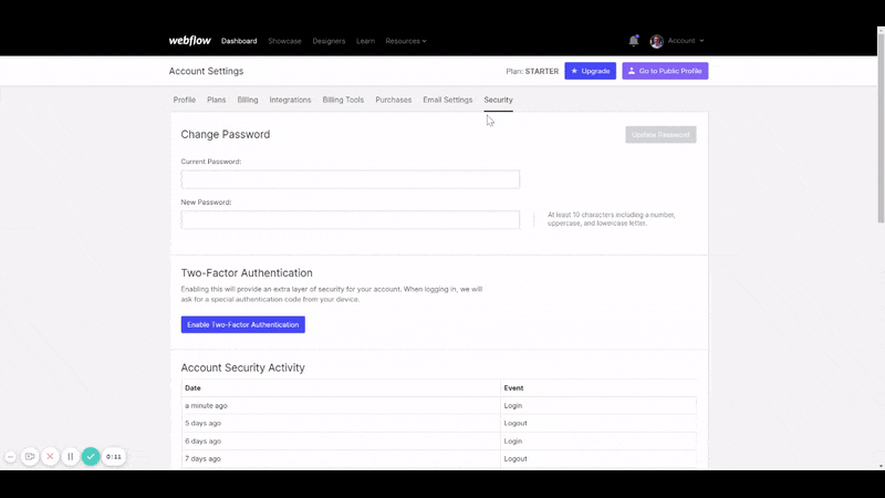 Adding a new two-factor authentication from the Webflow security settings