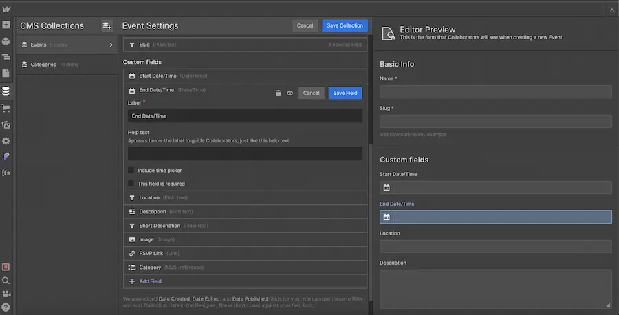 add date fields webflow collection