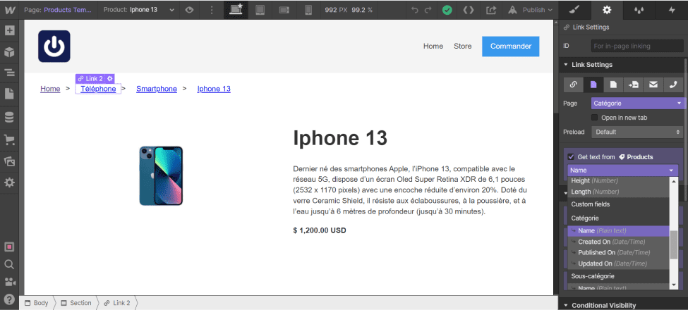 Creation of the category link on the Webflow Breadcrumb trail