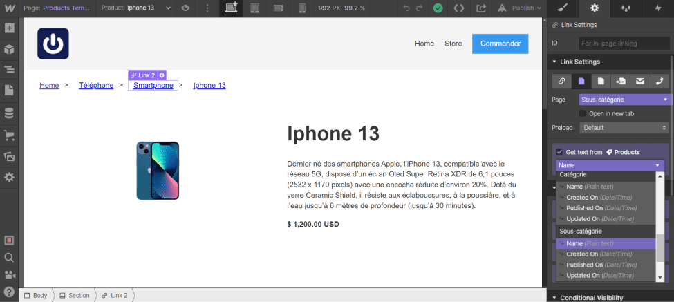 Creation of the subcategory link on the Webflow breadcrumb trail