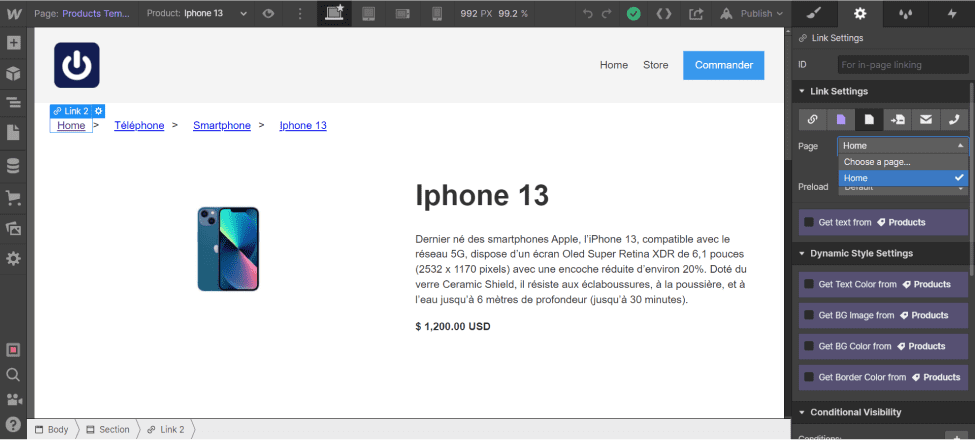 Creation of the homepage link on the Webflow breadcrumb trail