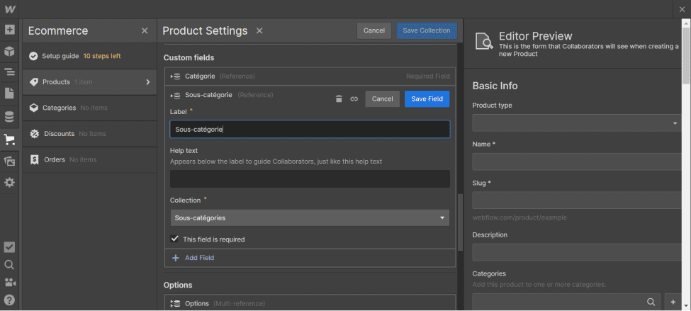 Creation of Custom Fields Reference Category and sub-category in webflow ecommerce products