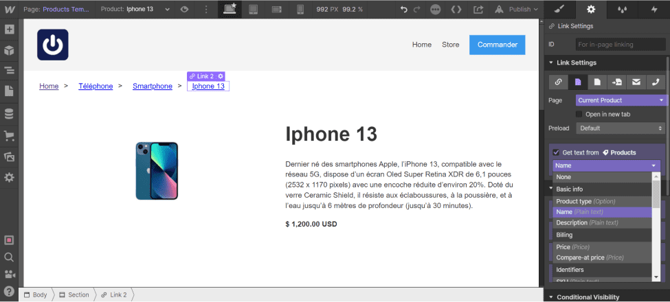 Creation of the Link of products on the Webflow Breadcrumb trail
