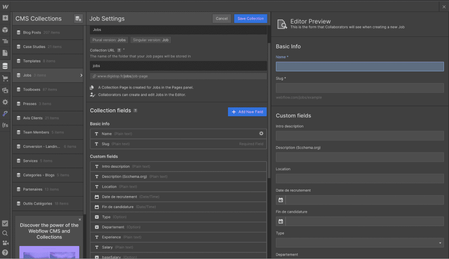 CMS collection for job offers in Webflow