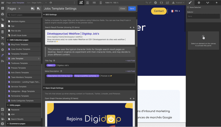 SEO parameters of a Webflow page with dynamic collection field