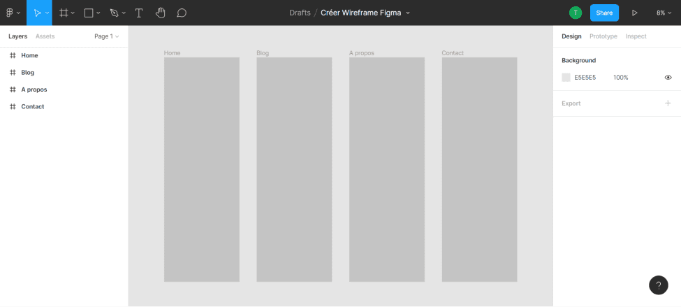 Creation of a wireframe of 4 web pages on figma