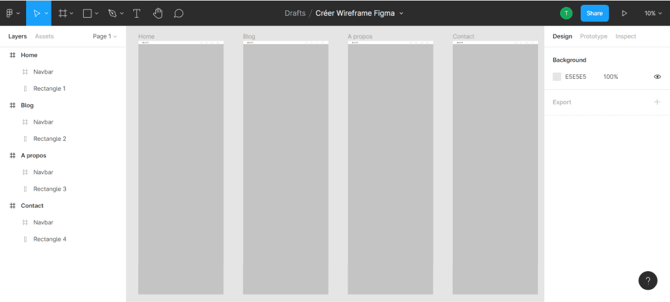 Pages with navbar for wireframe of a website on figma