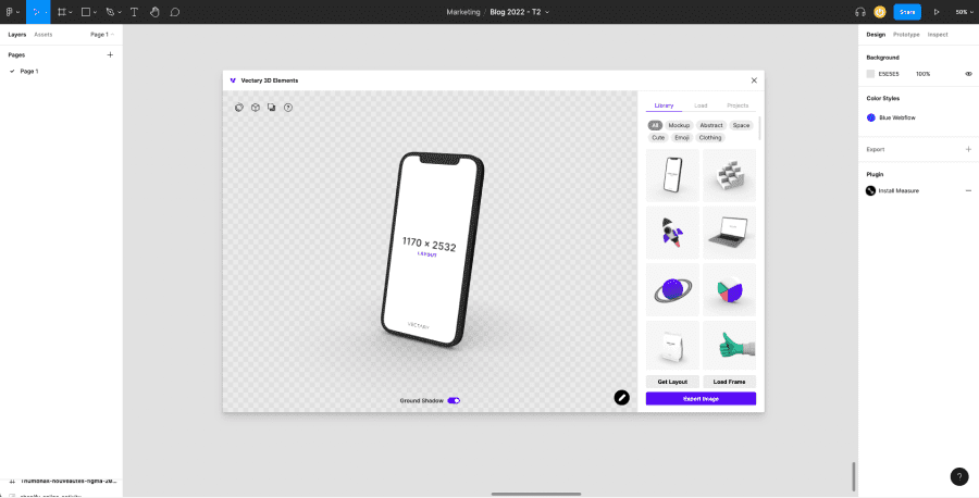 screenshot of the vectory 3d element plugin opened in a figma project