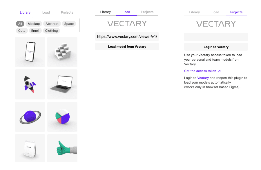 screenshot of the 3 possibilities to add a 3d visual on figma