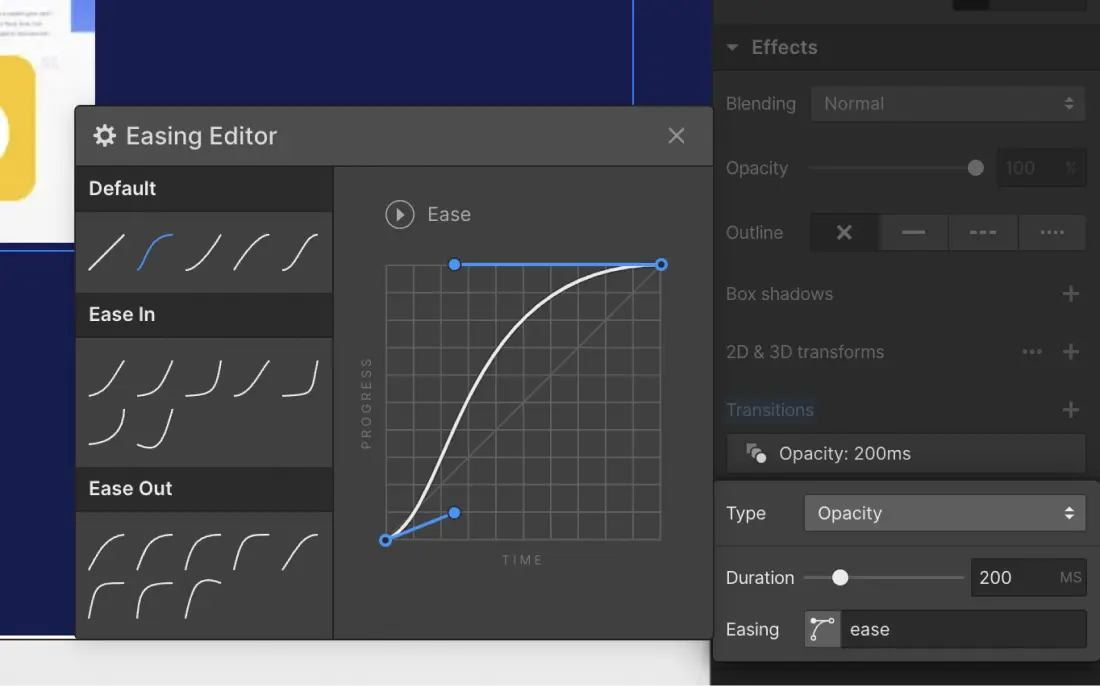 Easing editor dans l'interface designer de webflow