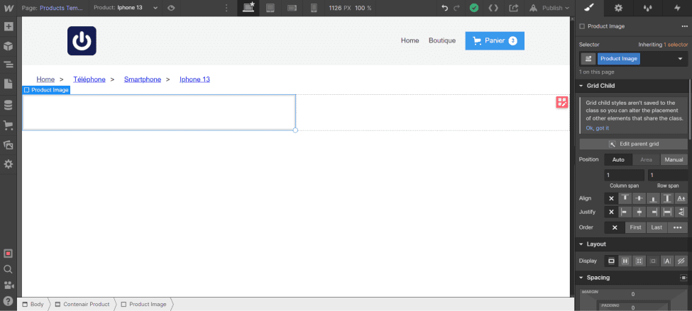 Inserting a div block in the first column of the grid in the "Products Template" page in Webflow Ecommerce