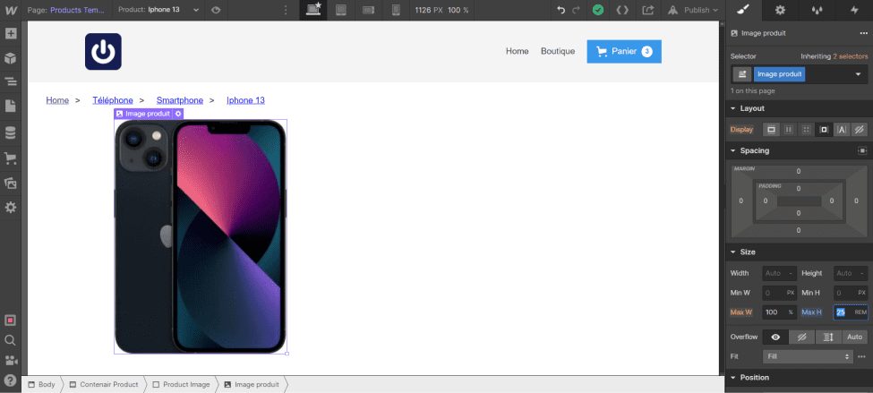 Resize the Max H in REM of the product image in the "Products Template" page in Webflow Ecommerce