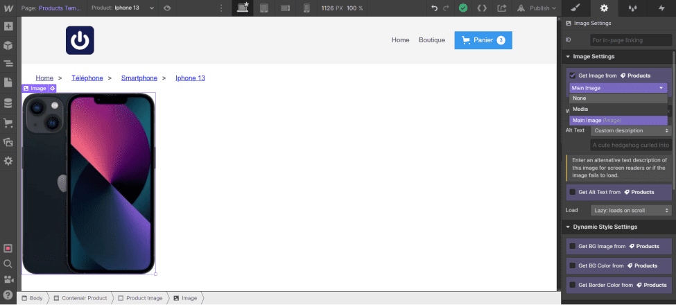 Inserting the product image dynamically in the "Products Template" page in Webflow Ecommerce