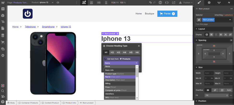 Insertion of the product name dynamically with an H1 heading in the "Products Template" page in Webflow Ecommerce