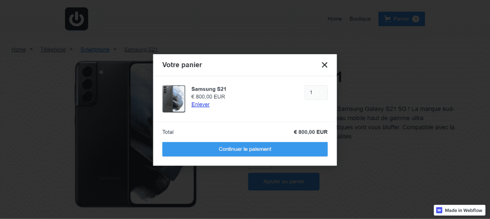 Test of adding a product to the shopping cart with the webflow ecommerce products template