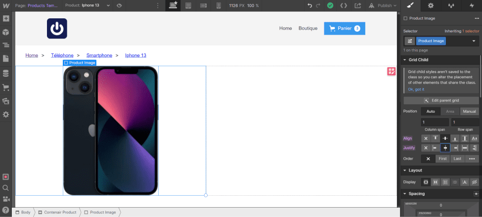 Center product image dynamically in the "Products Template" page in Webflow Ecommerce
