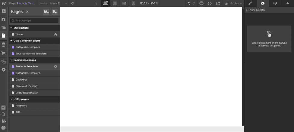 Access to the "Products Template" page in Webflow Ecommerce