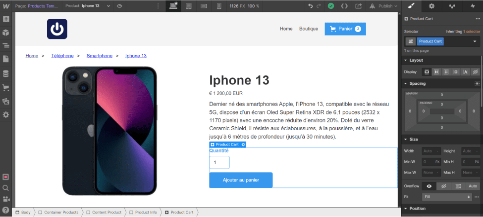 Inserting the "add to cart" block in the "Products Template" page in Webflow Ecommerce