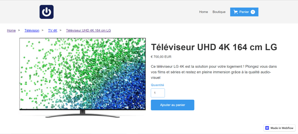 Result of the example of a second product page template designed with Webflow Ecommerce