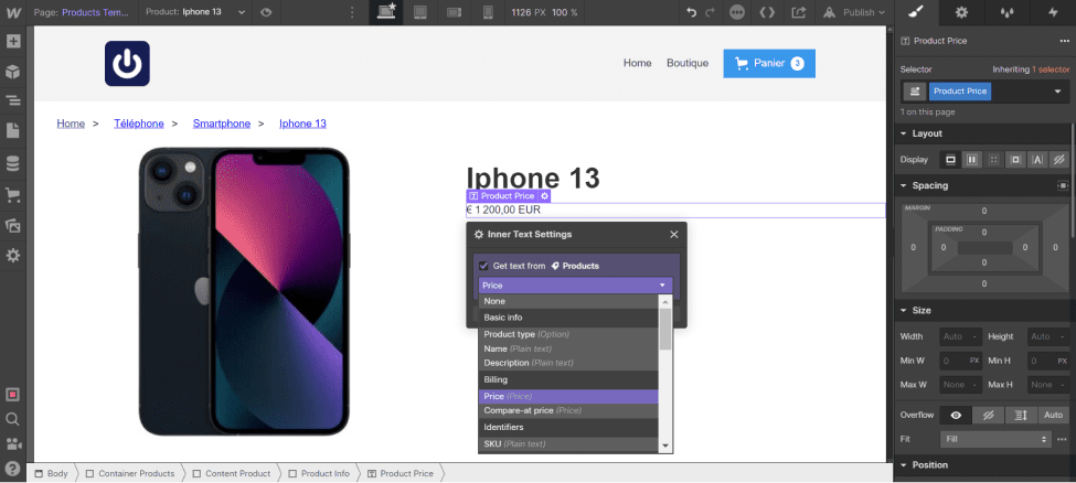 Inserting the product price dynamically with a text block in the "Products Template" page in Webflow Ecommerce