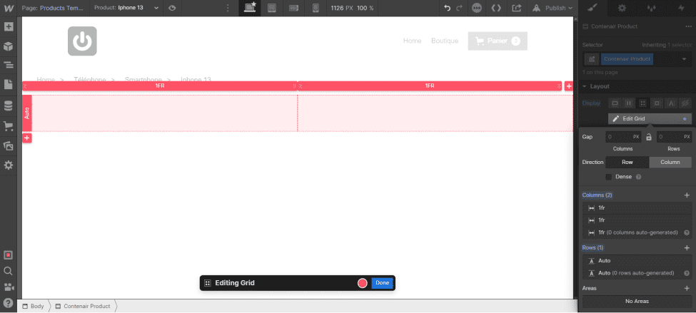 Adding a Grid display section in the "Products Template" page in Webflow Ecommerce