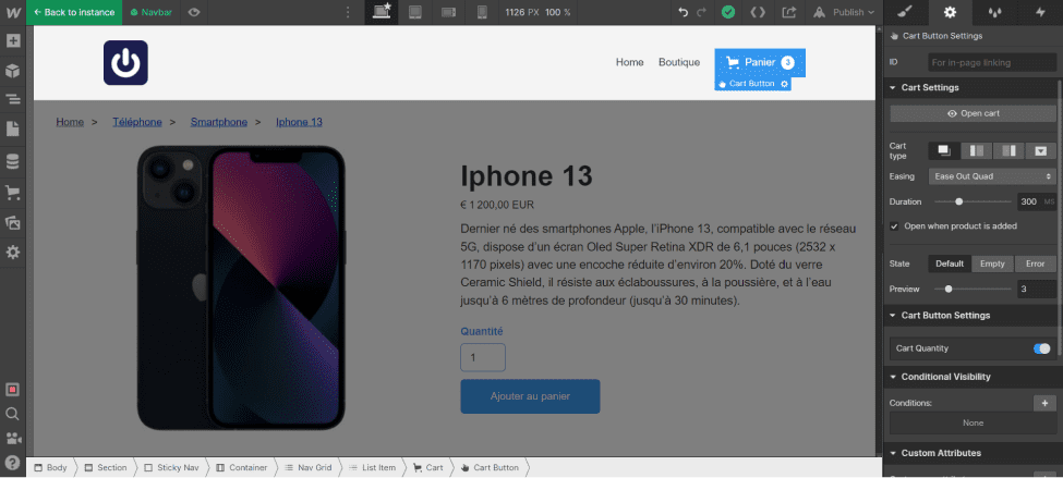 Add the Cart element in the navbar in the "Products Template" page in Webflow Ecommerce