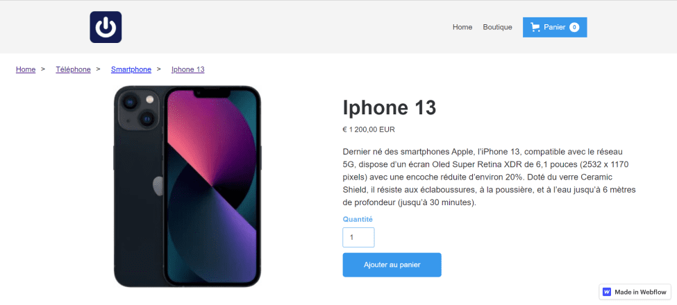 Result of the example of the template of a first product page designed with Webflow Ecommerce