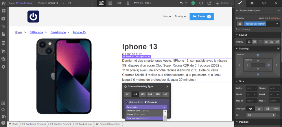 Insertion of the product description in a dynamic way with a heading H2 in the "Products Template" page in Webflow Ecommerce
