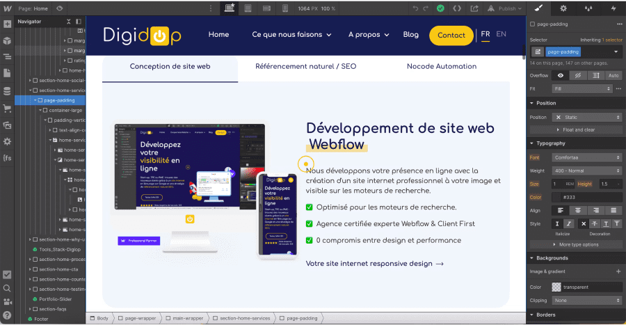 Screenshot in the design interface of the webflow cms
