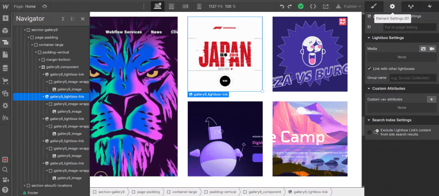 Lightbox element setting in Webflow