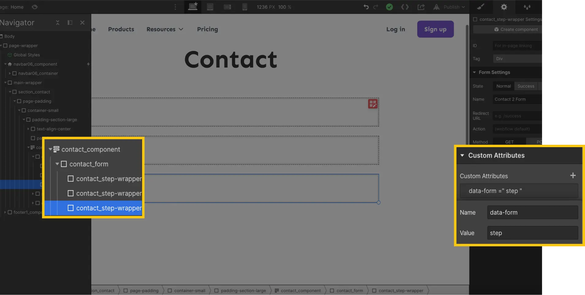 Attribute multi step form webflow