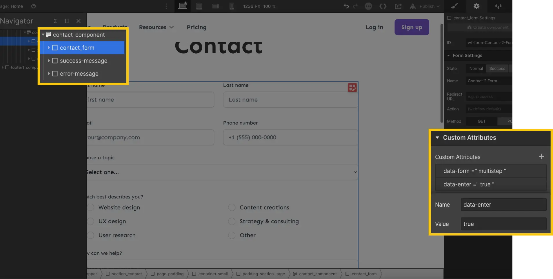 Attribute go to next step with "enter" multistep form webflow