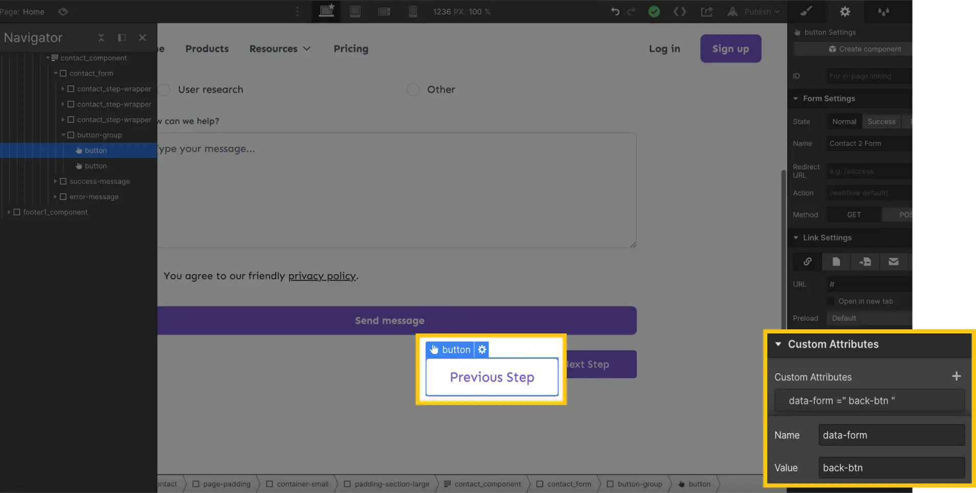 attribute button previous step multi step form webflow