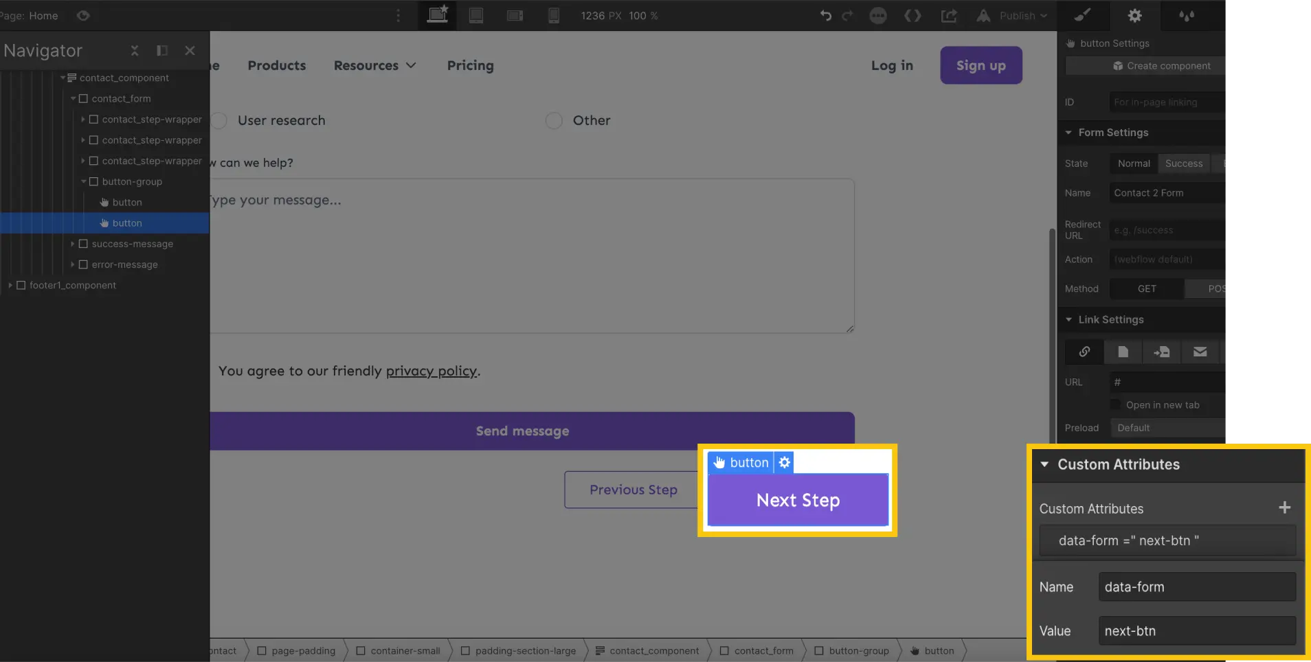 attribute next step button multi step form webflow