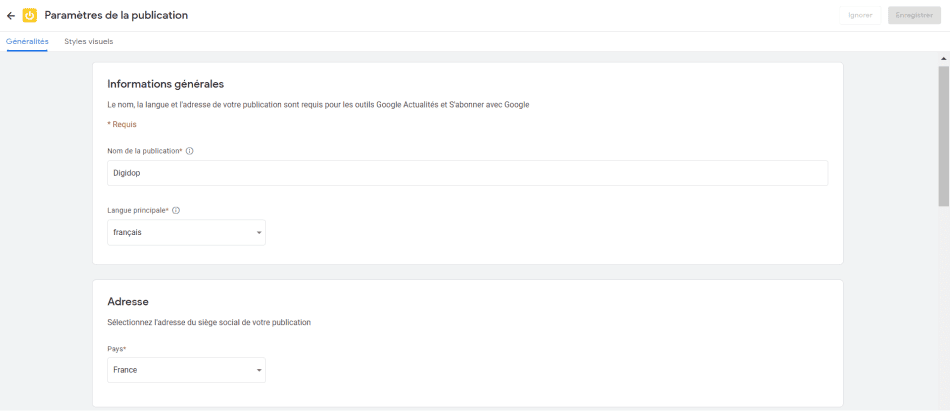 Screenshot of Publisher Center publication settings for Google News