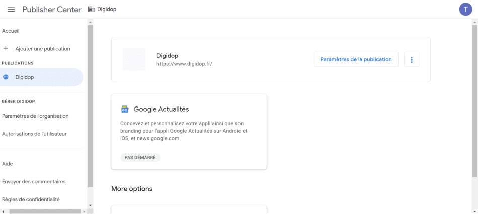 Screenshot of the basic interface after publishing the Publisher Center for Google News