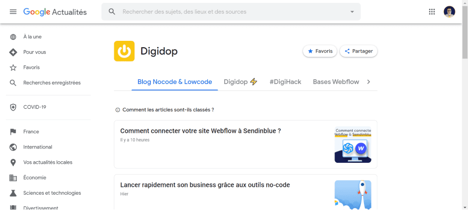Screenshot of the Google News page of Digidop