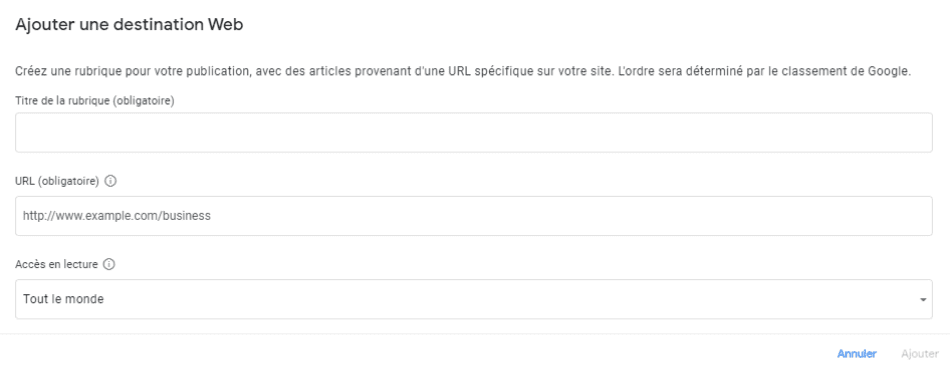 Screenshot of adding a topic from a web destination in Publisher Center for Google News