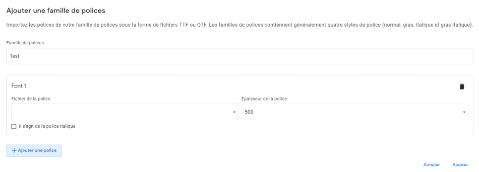 Screenshot of adding a font in Publisher Center for Google News