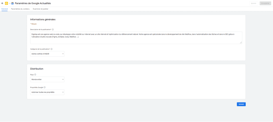 Screenshot general information Publisher Center for Google News