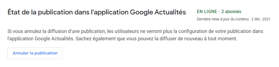 Screenshot publication status in Publisher Center for Google News