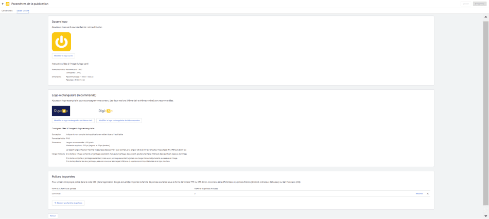 Screenshot of Publisher Center visual style tabs for Google News